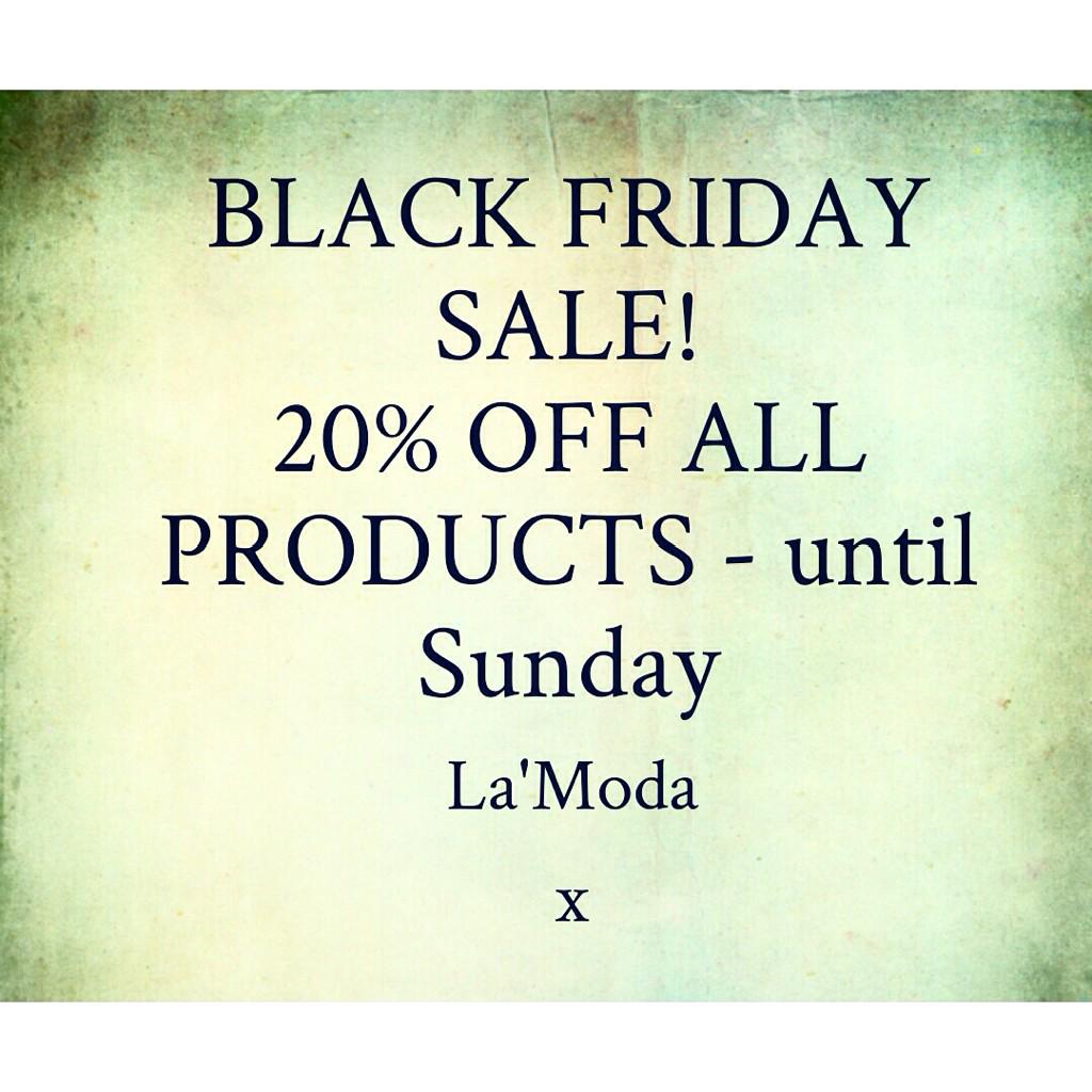 lamoda_wear's tweet photo. BLACK FRIDAY SALE! @lamoda_wear 
20% OFF ALL PRODUCTS - until Sunday

#black #friday http://t.co/8DGdnLzR39