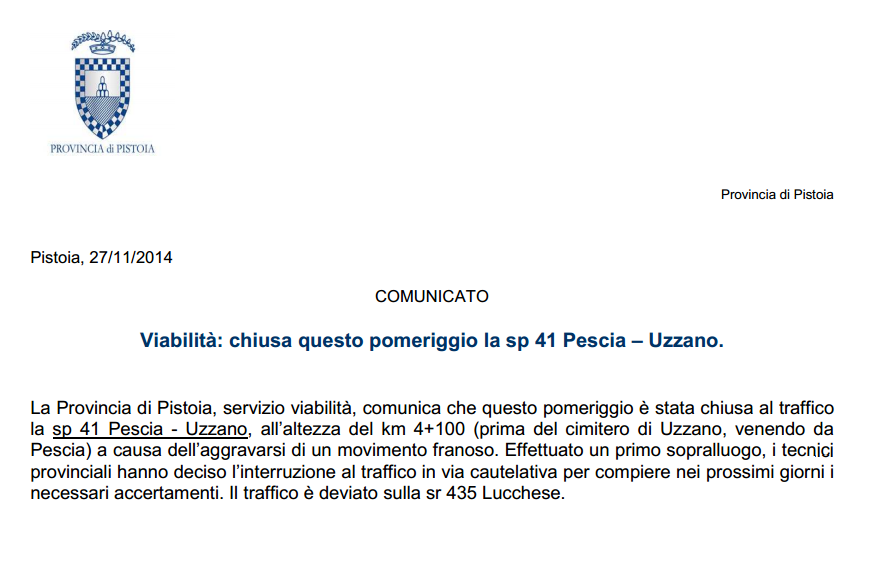 muoversintoscan's tweet image. Chiusa per #frana da ieri pomeriggio (27.11) la #SP41 Pescia-Uzzano. Provincia di #Pistoia #viabiliTOS