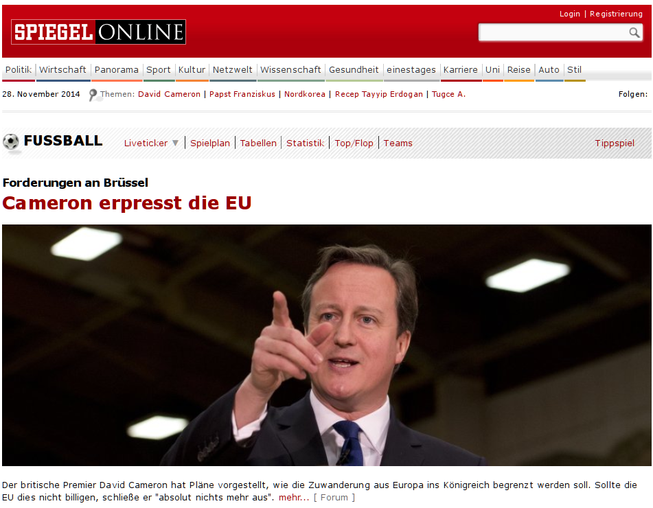 kosmopolit's tweet image. "Cameron blackmails EU" - This is how Germany's most influential magazine describes Cameron's anti-immigration speech