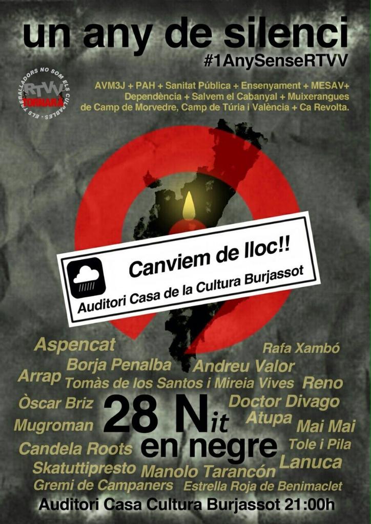 jordicabezas's tweet photo. La pluja no ens pararà! Esta nit a les 9 a la Casa de Cultura de Burjassot #1anysenseRTVV @mildenou http://t.co/vi1HIAvd8T