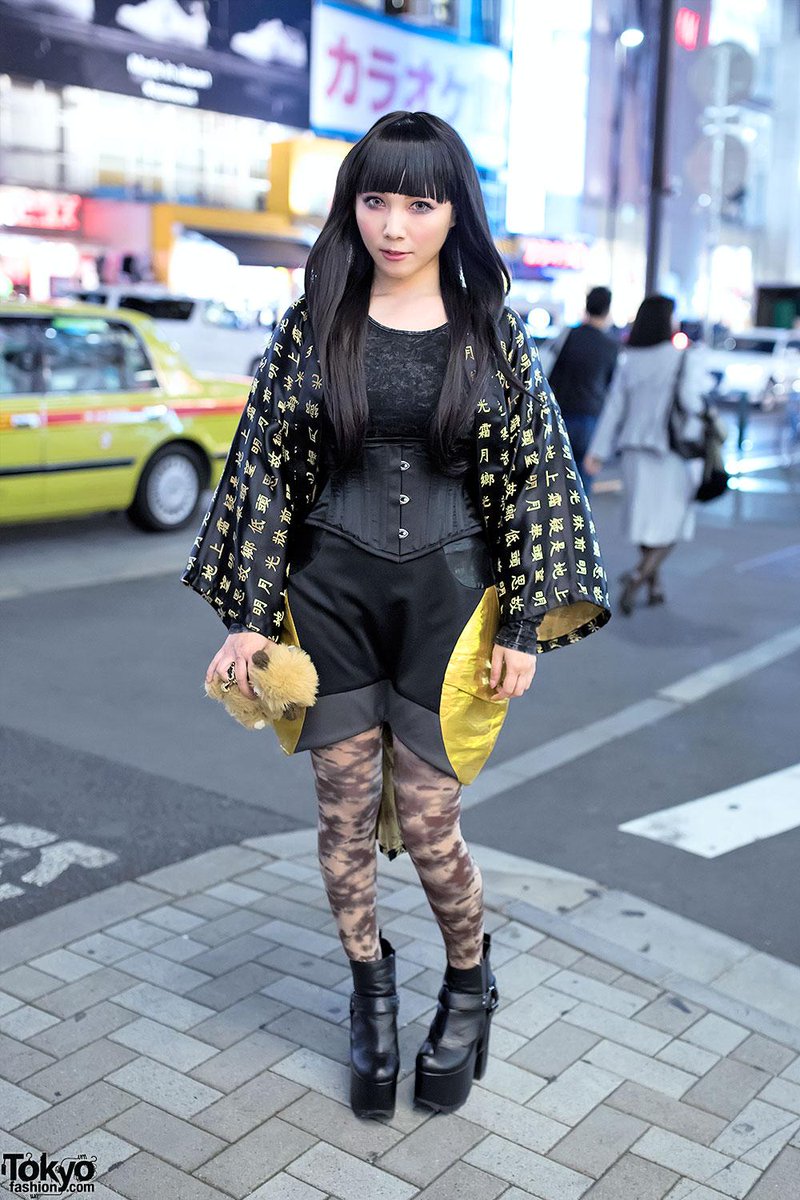 harajuku girl in gvgv lace-up bomber jacket, turtleneck, knit