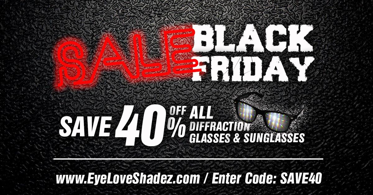 EyeLoveShadez's tweet photo. 40% OFF BLACK FRIDAY SALE! http://t.co/cz5Bw7Pqxc Enter Code: SAVE40 #BlackFriday #DiffractionGlasses #EDM #Rave http://t.co/b8aDoW50VQ
