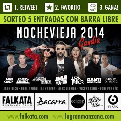 BacarraGandia's tweet photo. RT y gana ENTRADAS GRATIS para #Nochevieja y #nochedereyes en @falkatagandia @BacarraGandia #BARRALIBRE sorteo Jueves http://t.co/NWHb5KkpYs