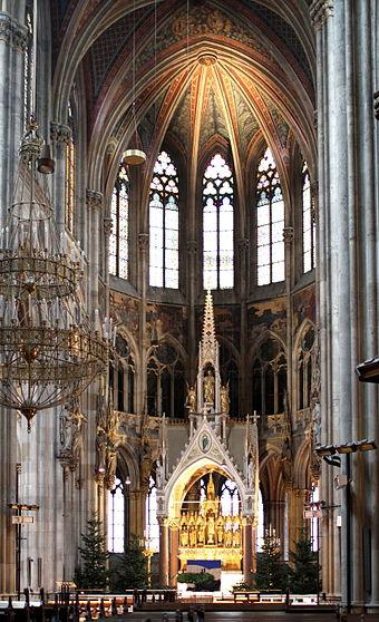 Choir of Vienna's Votivkirche funded as a 'votive offering' to God by donations collected by Franz Joseph's brother.