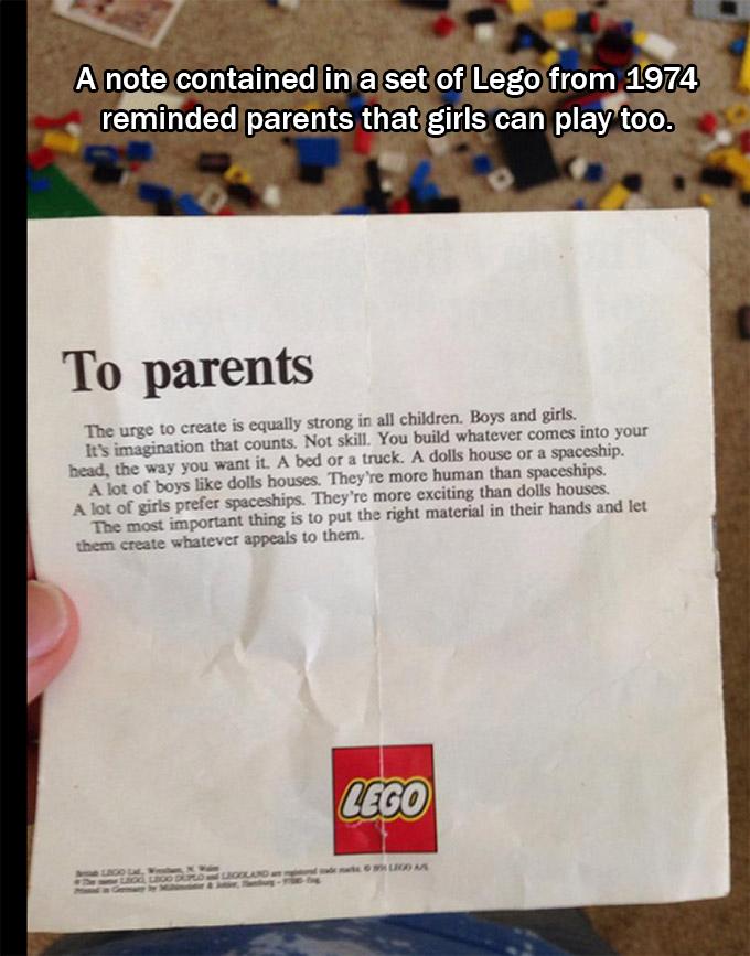 AsapSCIENCE's tweet photo. An important message found in a Lego package from 1974. http://t.co/qyoZSHzgka
