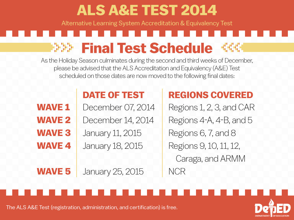 DepEd_PH's tweet photo. Announcement: Final schedule of ALS A&amp;E test 2014 #GOeducation http://t.co/LGqwDkAUZH