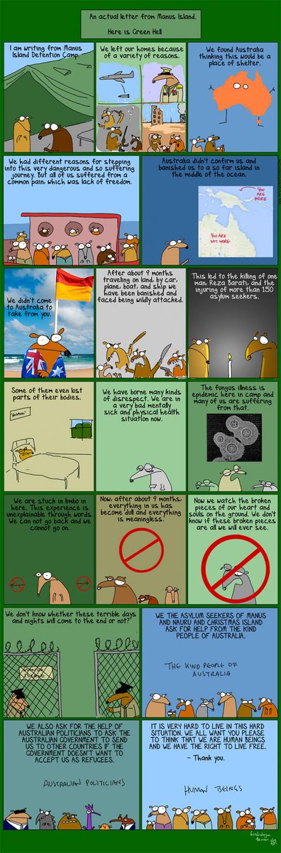 DASSAN12's tweet image. April RT of #FirstDogOnTheMoon illustrating 'a missive sent by refugees held in detention on Manus Island'