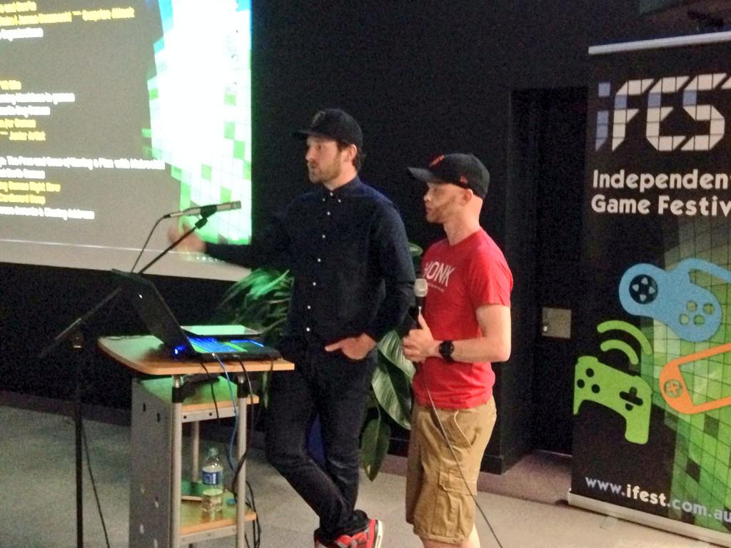 ifestgames's tweet photo. @LukePlunkett &amp; @Aussie_Kozy kick off iFEST Canberra with some sage marketing advice for indie devs. http://t.co/x0P9dwKQG1