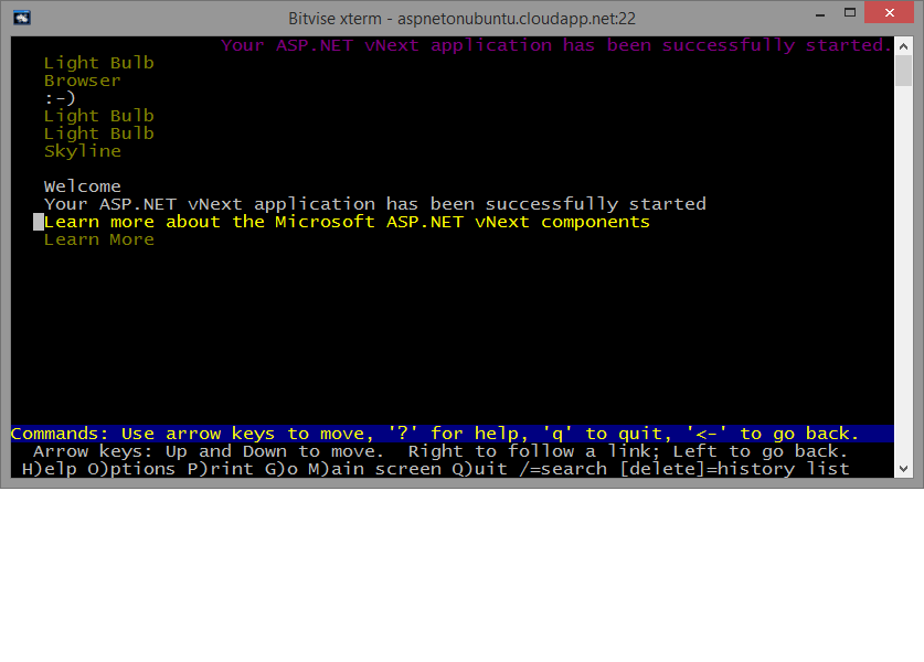 DumontRenaud's tweet photo. It looks even better through Lynx :-) #previoustweet #mdd14 #aspnetvnext #ubuntu cc @shanselman http://t.co/E8MmNODsKB