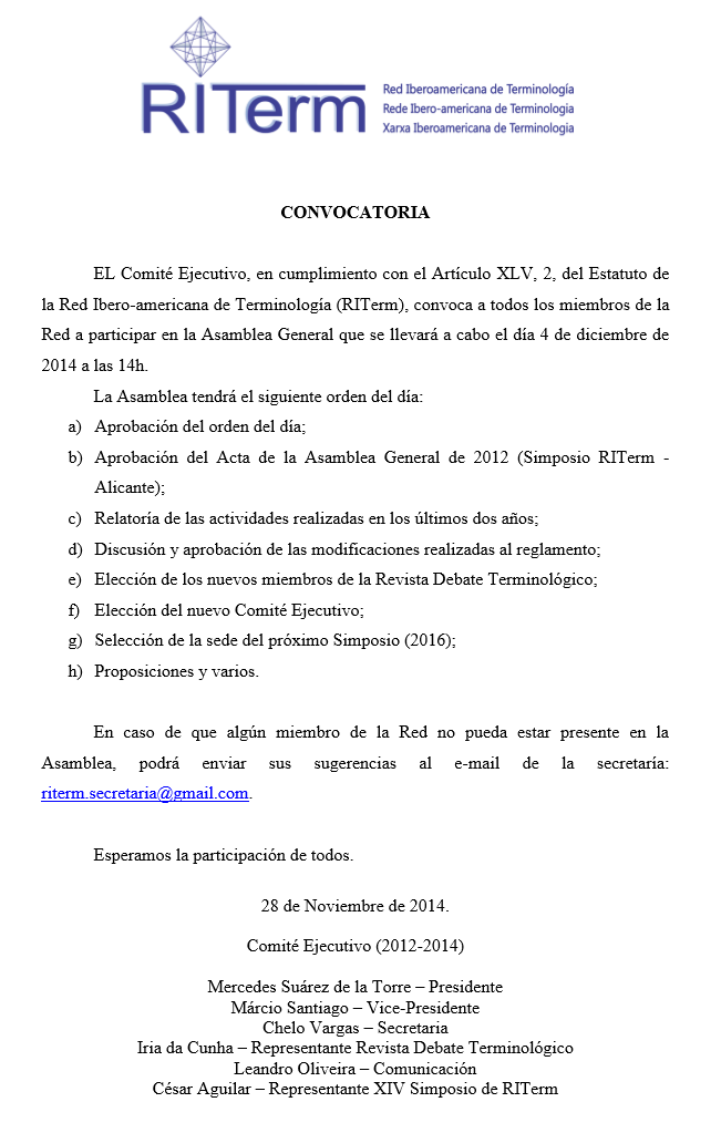 RITerm2012's tweet photo. El Comité Ejecutivo RITerm convoca a todos a participar en la Asamblea General - 4 de diciembre de 2014 a las 14h. http://t.co/cdHe9AjfMj