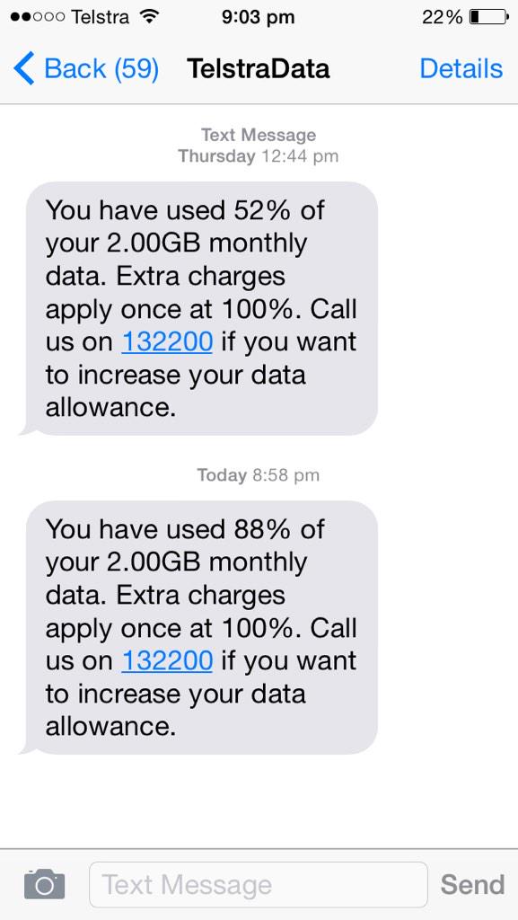 Googe's tweet photo. Hey @Telstra, it'd be handy if these texts you send also included how many days are left in the billing cycle. http://t.co/DScs5uV8ee