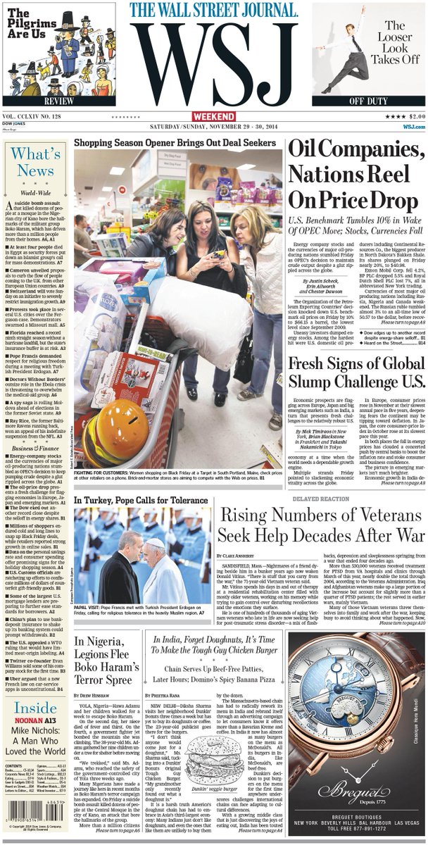 WSJ's tweet image. Check out the stories selected for today's front page: