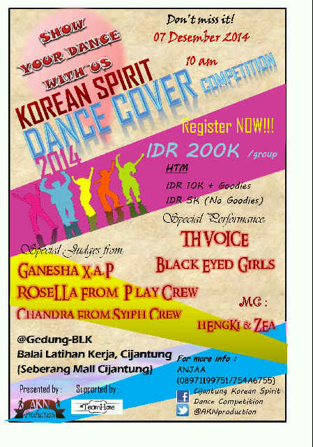 <a href="/yeojashidae_DC/">Yeojashidae</a>    EVENT Korean DanceCover Competition at Dec7,2014 in GedungBLKJaktim. More info cek fav kita ya ^.^