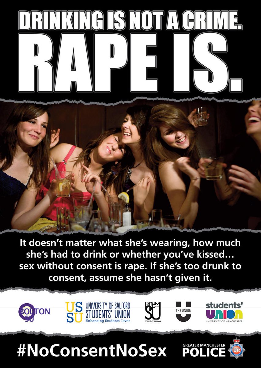 gmpolice's tweet photo. Sex without consent is rape. 

Being drunk does not mean yes.

#noconsentnosex http://t.co/bK85pK8Mck