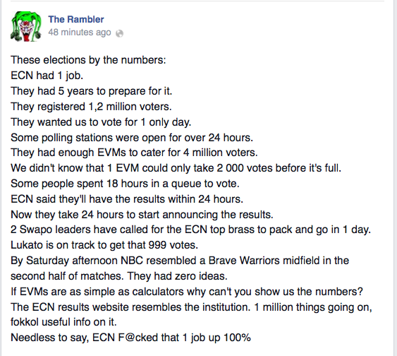 TheNamibian's tweet photo. Rambler posted 'This Election by the Numbers' on his Facebook page. Do we detect just a little irritation brewing? http://t.co/E5nPq8GVQ3