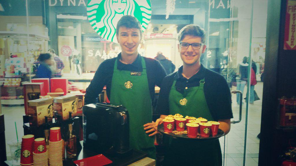 Andrew_Hintz's tweet photo. Steven and Chris sampling to the crowd at Smith Haven Mall - come on down! @alexisvertucci @starbucksprtnrs http://t.co/dfMCwwXJiy