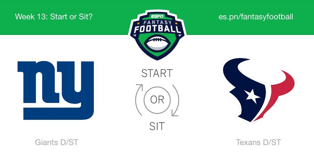 gtrevir's tweet photo. Who should I start this week? Giants D/ST or Texans D/ST! @ESPNFantasy #FantasyFootball http://t.co/oC02QJR0OQ