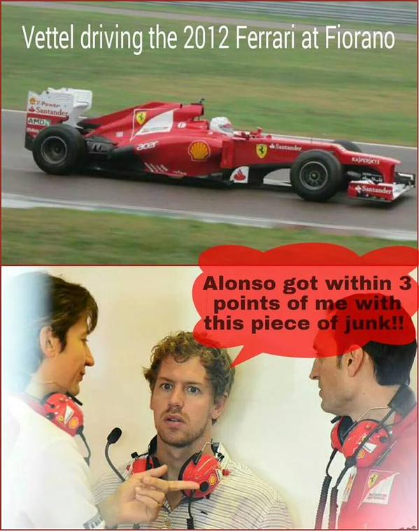 f1writers's tweet photo. Vettel reaction after driving the Ferrari F2012 today at Fiorano! #F1Humour #PlayTheJoke http://t.co/tcL4MLPQyz
