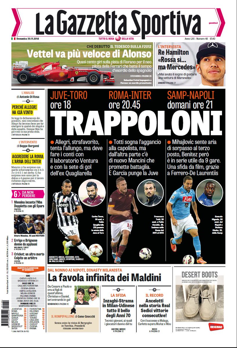 Portada de La Gazzetta dello Sport del 30 de Noviembre