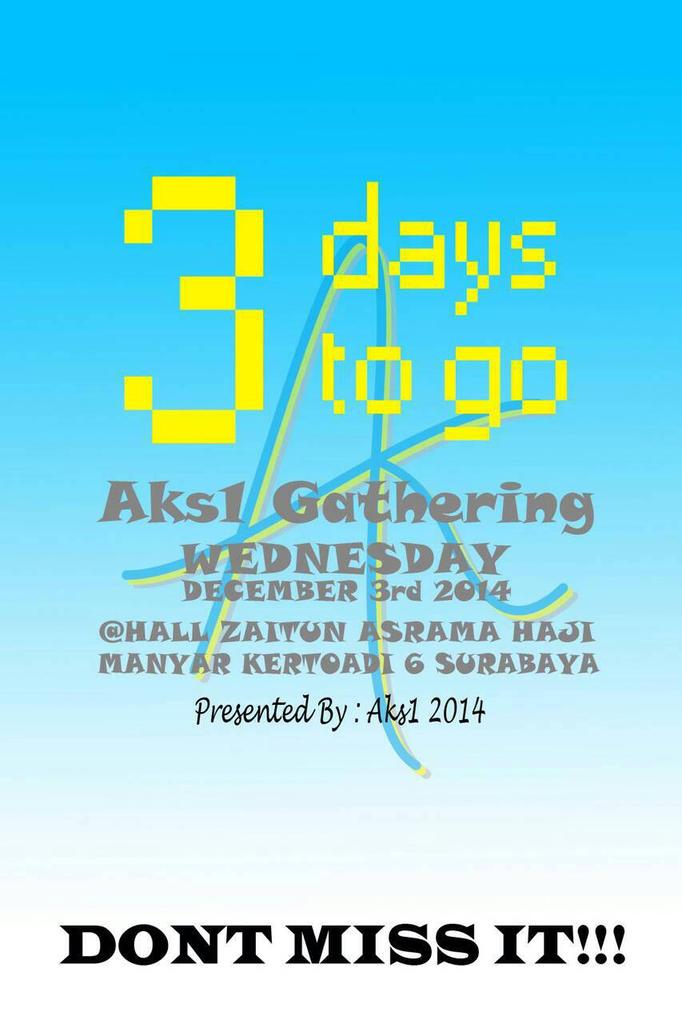AKS1_UA2014's tweet photo. Pagi mas, mbak, dulur.. Cuma mau ngingetin nih, #CNAgathering tinggal 3 hari lagi. Dateng yaa ☺ @AKS1_UA http://t.co/AvUkIA1E76