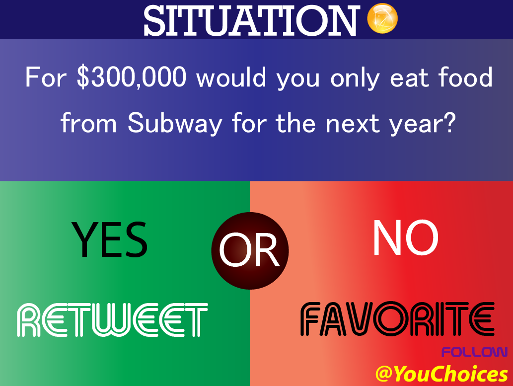YouChoices's tweet photo. Subway for a year? http://t.co/9J20MTp9OW