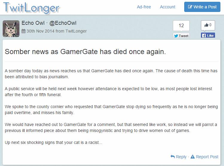 FayzenShok's tweet photo. A touching eulogy from @EchoOwl I assume from beyond the grave with the rest of us.

#GamerGate http://t.co/xbpmzJb6fa