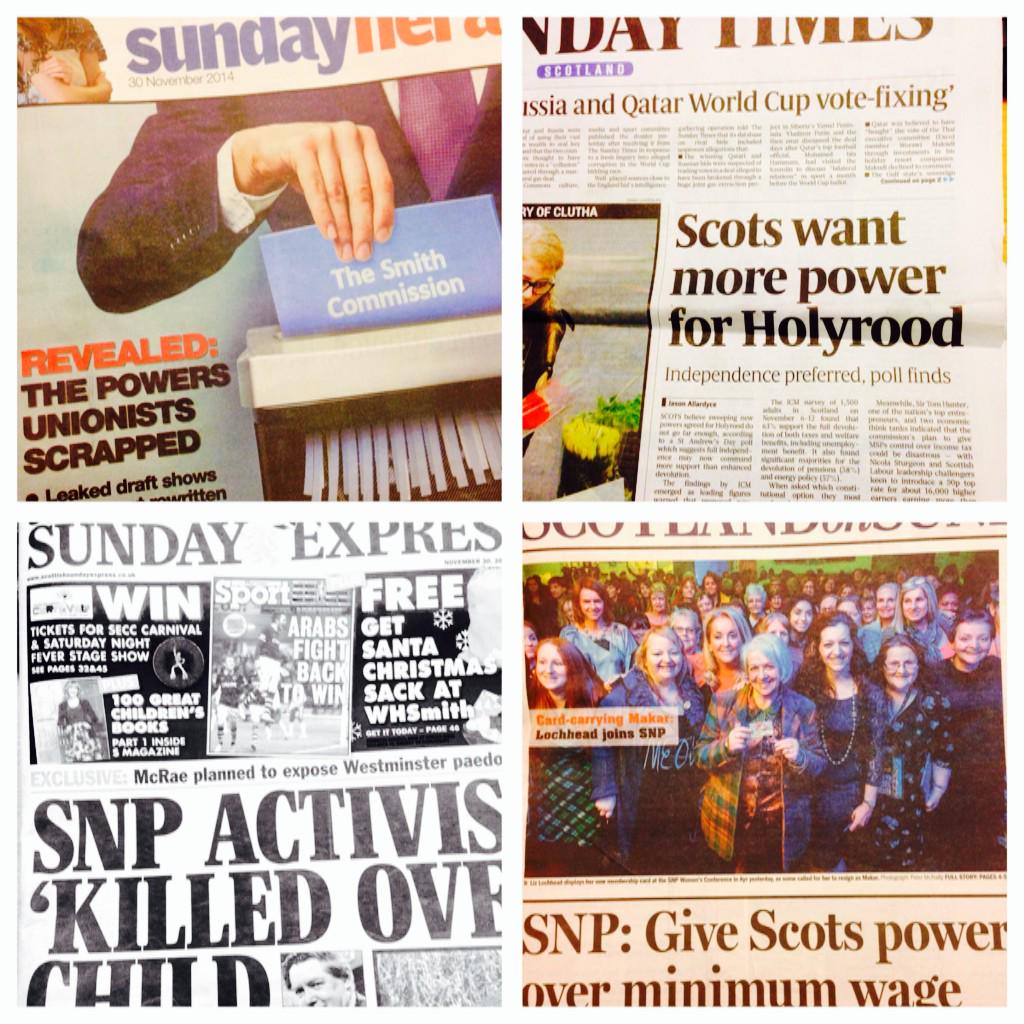 theSNP's tweet photo. Front pages: Smith draft leaked, people and SNP call for more powers and a new twist to an old mystery #scotpapers http://t.co/VMqAH2sKrb