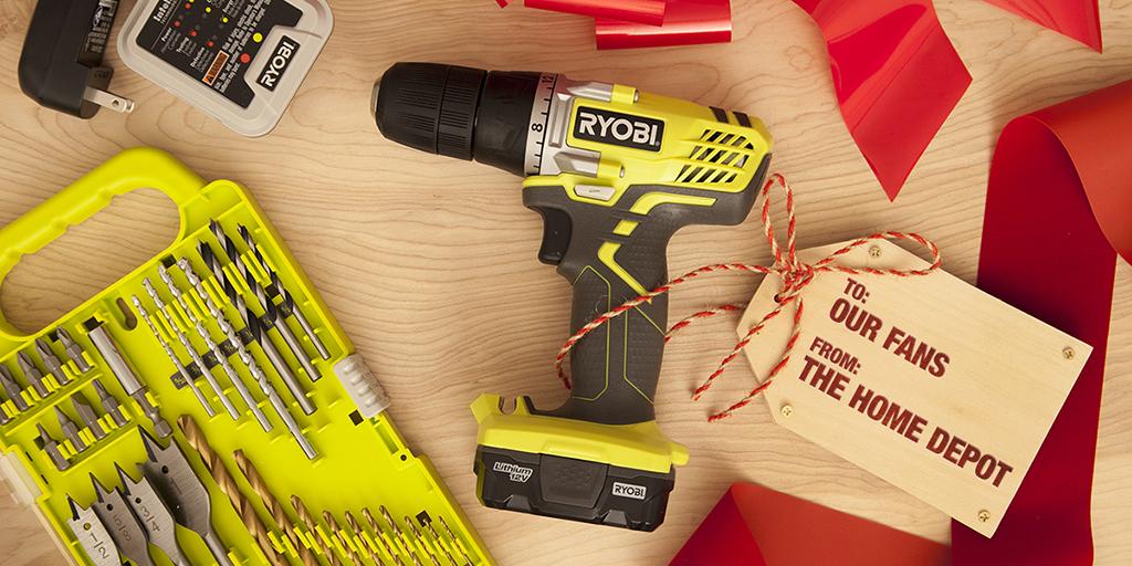 HomeDepot's tweet photo. Only our fans can grab this $29 Ryobi Drill &amp; Bit Kit! Use code SOCIAL20 now through 12/4. http://t.co/PYY7v8zsp4 http://t.co/7G6EpPEy0A