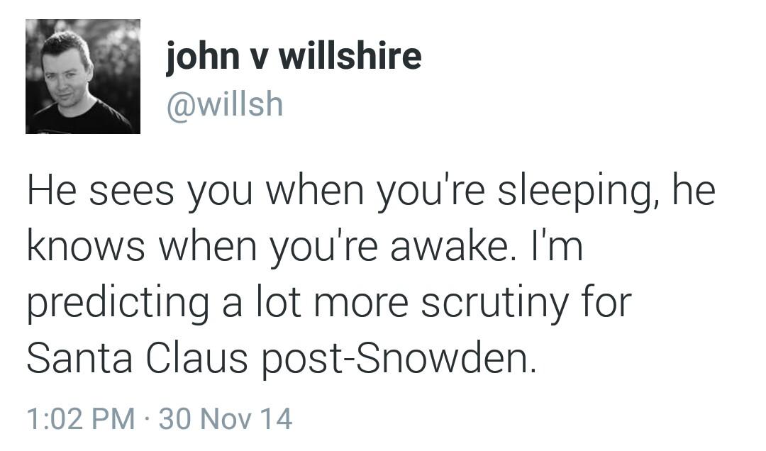 iboy's tweet photo. My buddy @willsh has post-Snowden NSA Santa Angst. Suggested mixed hashtag: #NSANTA http://t.co/VJW2xJcQ9S