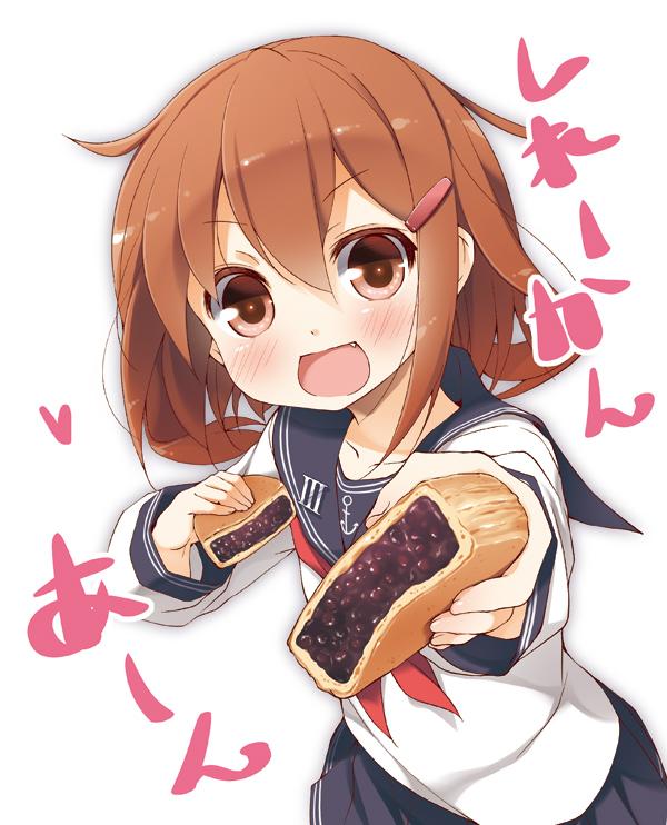 ikazuchi (kancolle) 1girl solo brown hair school uniform food open mouth hairclip  illustration images