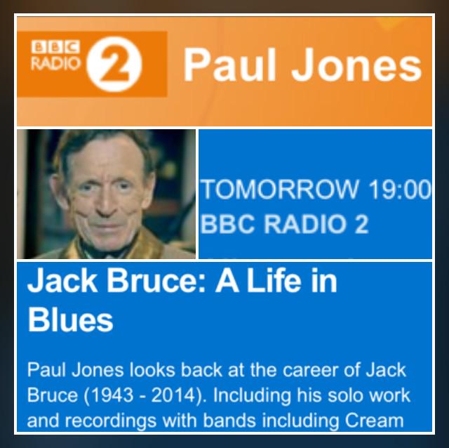 jackbrucemusic's tweet photo. Make sure you tune in to Paul Jones tomorrow @BBCRadio2 at 7pm for a 1 hour #JackBruce special http://t.co/MEN28kLRQo http://t.co/3TUlLwcvlJ
