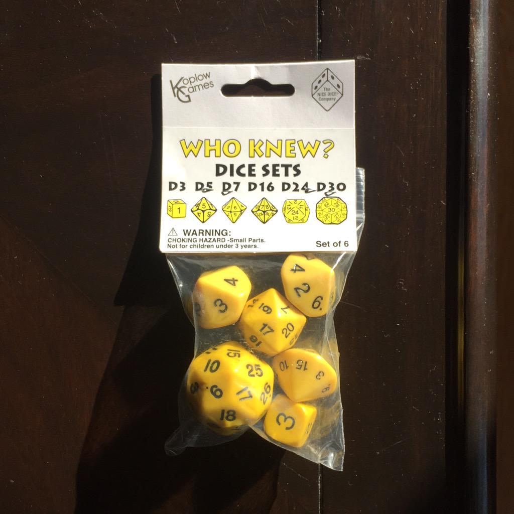 Whoa, we've got some ODD dice here. d3, d5, d7, d24 &amp; d30 represent. Such improbable probabilities!