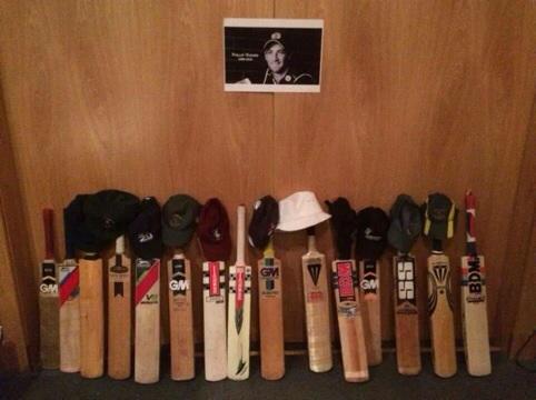 livicricket's tweet photo. Livingston CC's wall of bats in respect if the late Phil Hughes. 
#putyourbatout http://t.co/pdbyXnL6bU