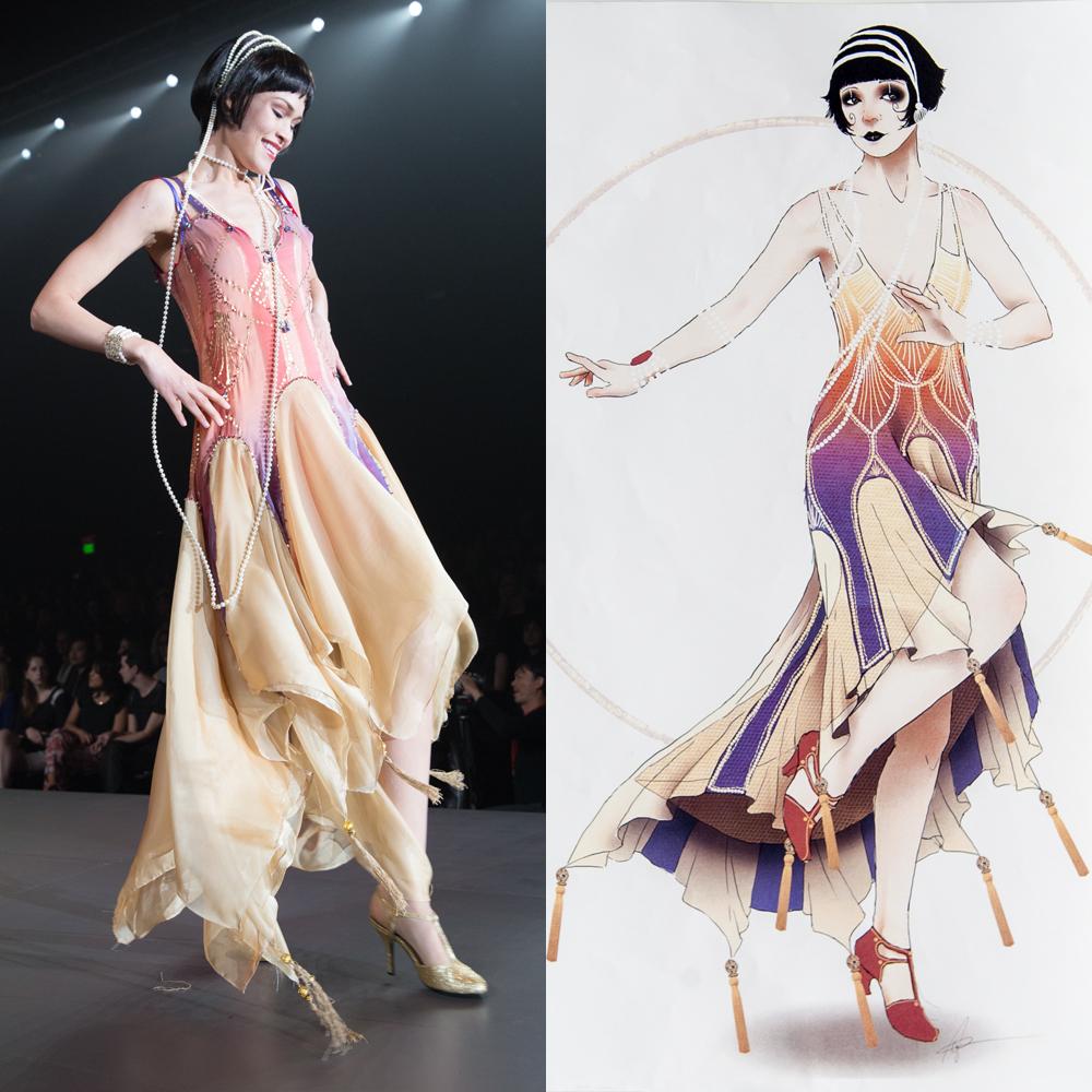 FIDM's tweet image. #FIDMStudent work: Theatre Costume Design Grad Paige Carpenter's sketch and final design on stage at #FIDMDEBUT