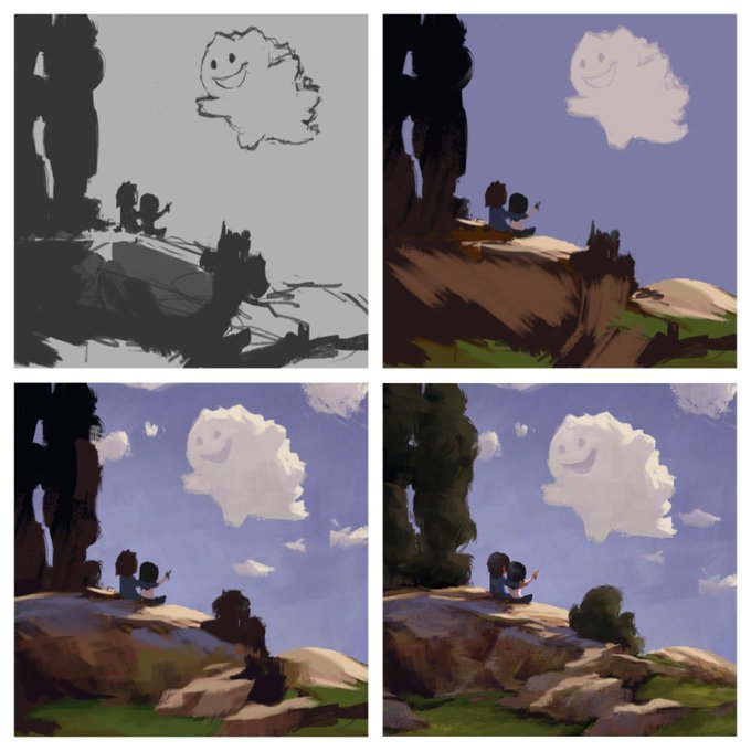 Step 1. Line sketch with basic values. Step 2. Color block in. Step 3. Adding colors, lighting.... #apaintingeveryday 