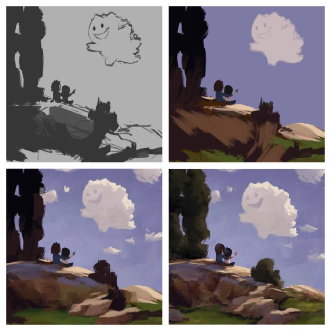 Step 1. Line sketch with basic values. Step 2. Color block in. Step 3. Adding colors, lighting.... #apaintingeveryday 