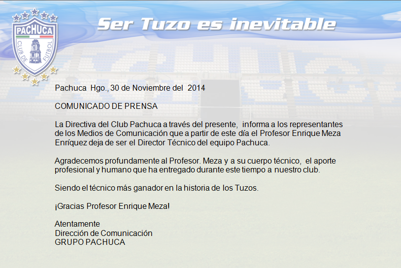 Tuzos's tweet photo. Pachuca  Hgo., 30 de Noviembre del  2014

COMUNICADO DE PRENSA http://t.co/pCQRhGBvDN