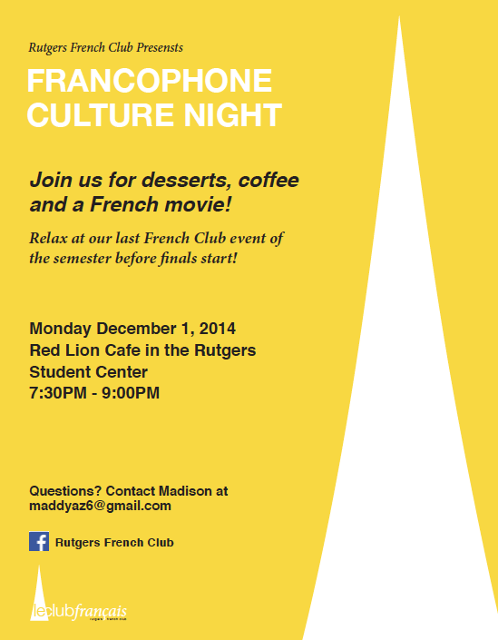 FrenchAtRutgers's tweet photo. Join the French club for coffee on December 1st! (Red Lion Coffee, Student Center Coll Av, 7:30pm) http://t.co/ojtfQRPh37