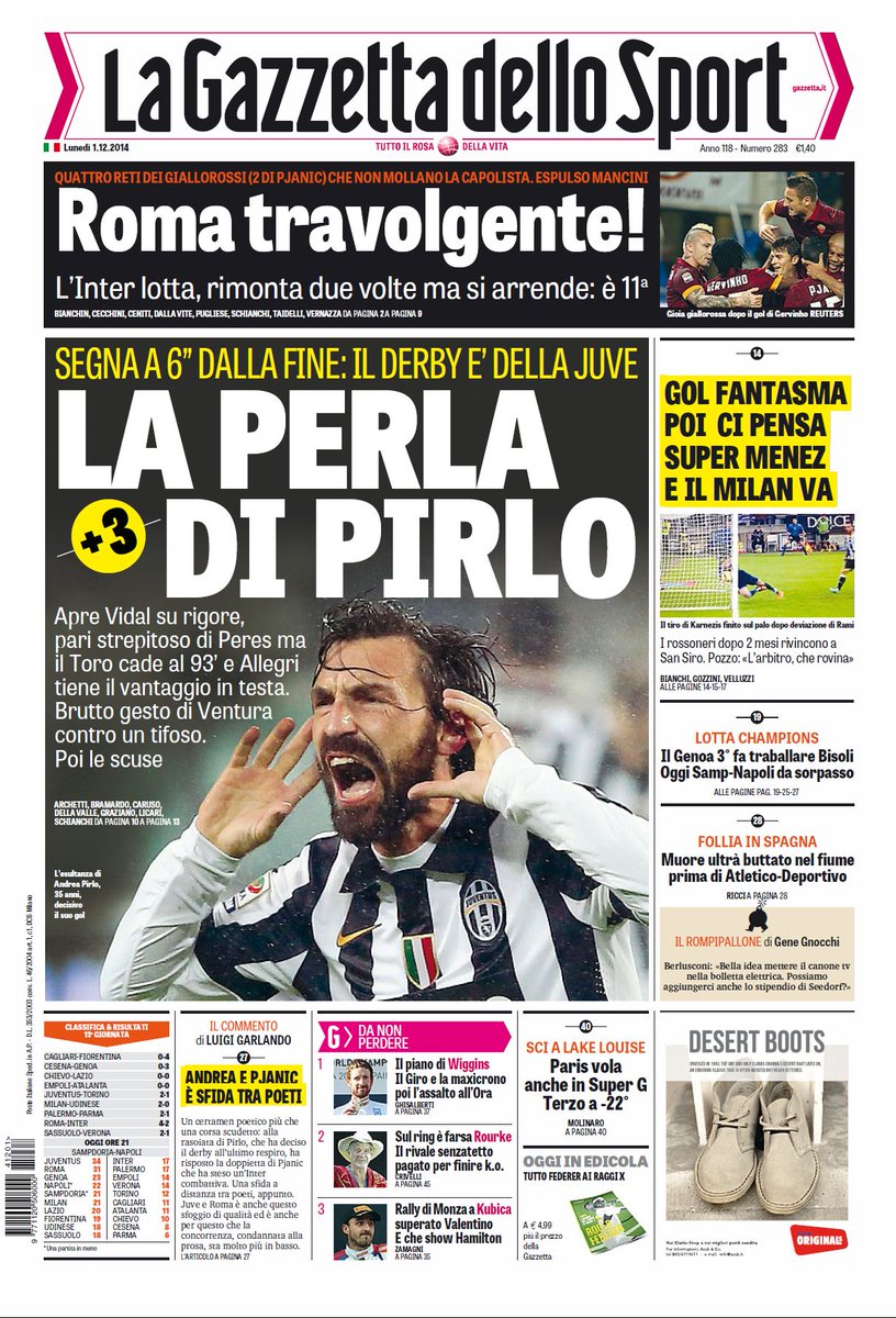 Portada de La Gazzetta dello Sport del 1 de Diciembre