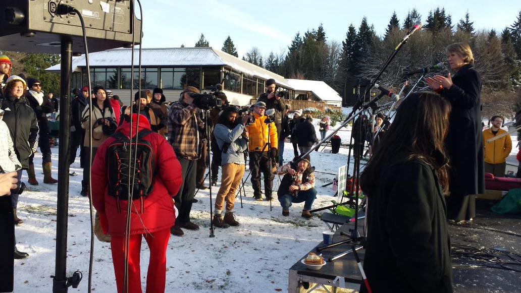 Dirkbrinkman's tweet photo. Stage front @ #BurnabyMountain celebration of peoples voices being heard on #KinderMorgan protest @Joycemurray spkg http://t.co/R2B7edy6TI