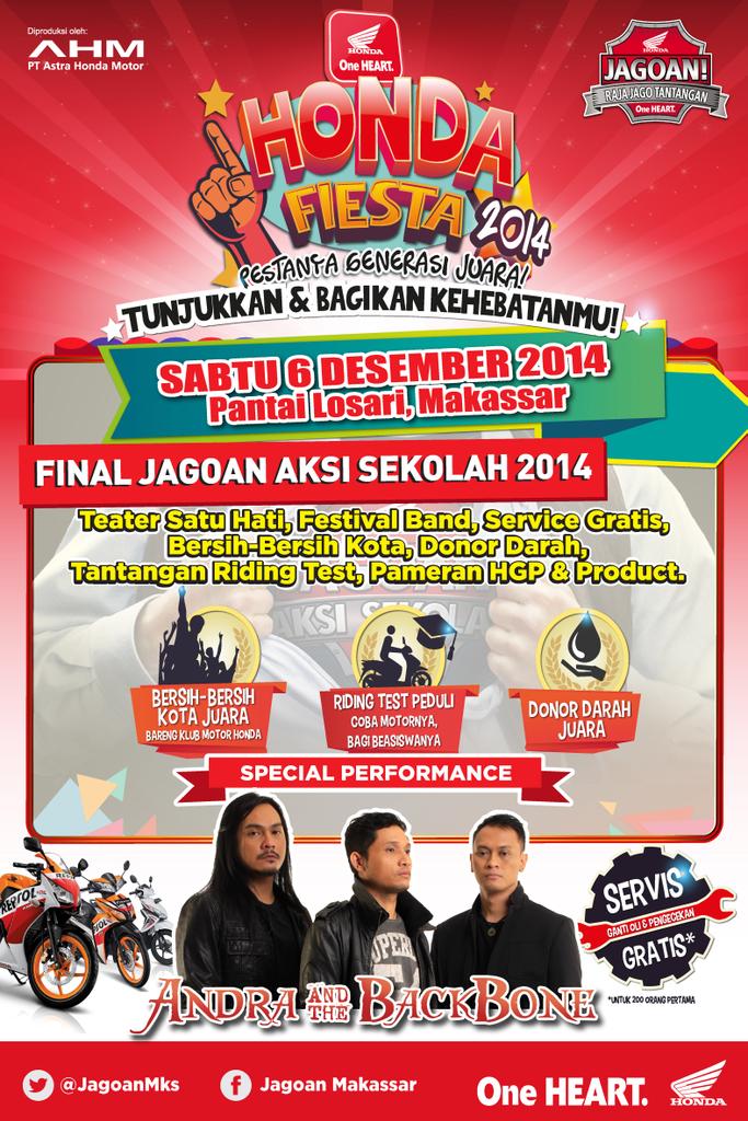 HondaJagoanku's tweet photo. HONDA FIESTA | 6 Des | Pantai Losari | Final #JAS2014, Donor Darah, Servis Gratis | special performance by @ABackBone http://t.co/pjNbWIHjsI