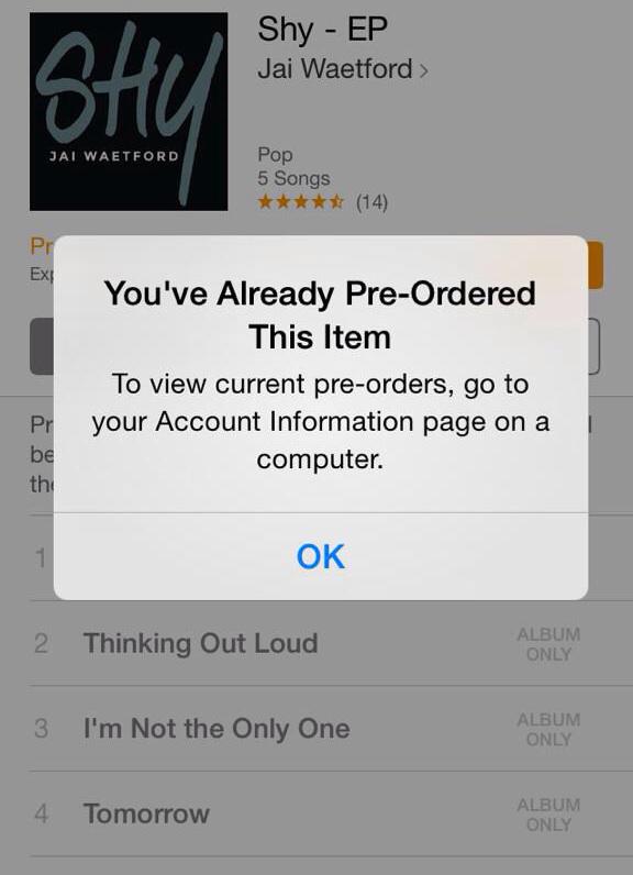 cassideekatee's tweet photo. @JaiWaetford preordered! Ty mum for you buying me a iTunes card!! wish I could preorder it more than once:( #ShyEP xx http://t.co/xIHcOGevjI