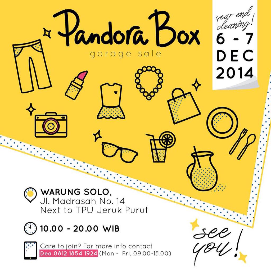 uths's tweet image. This weekend!!
Pandora box garage sale
6&amp;amp;7 Desember 2014
@Warung Solo, Jeruk Purut
See ya!