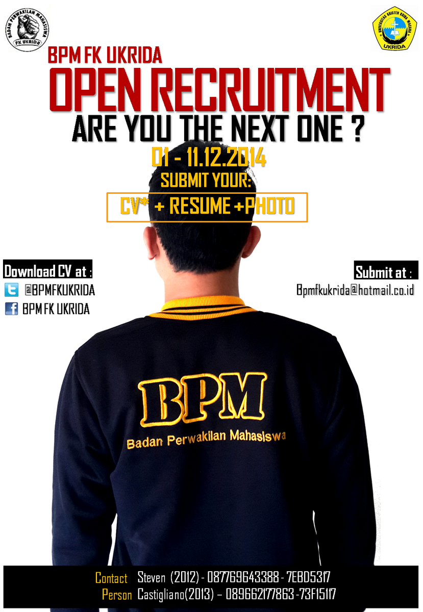 BPMFKUKRIDA's tweet photo. OPREC BPM FK UKRIDA:
1.CV* :https://t.co/IXsbzjNZQL
2.Resume KHS
3.Pas photo 3x4
Submit at:bpmfkukrida@hotmail.co.id http://t.co/mOeyAC7KUi