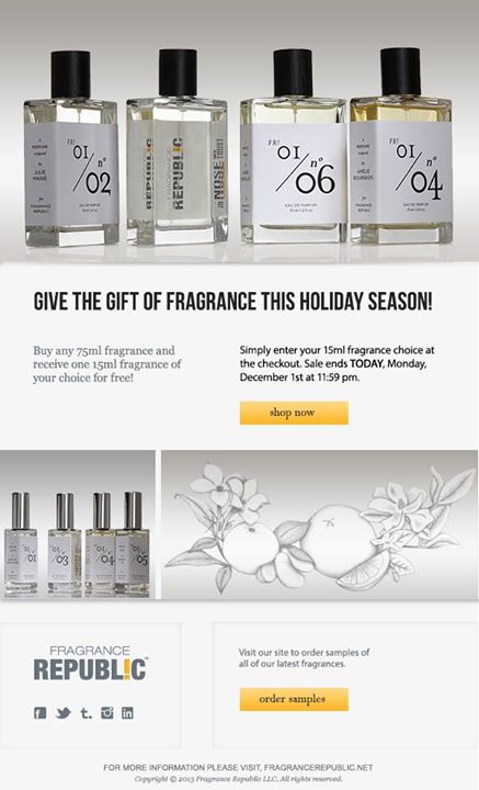 FragranceRepub's tweet photo. Don't miss our #CyberMonday #sale! Give a #unique gift of #fragrance this holiday! Shop now: http://t.co/P4WUZNEDn8 http://t.co/M56zWZ5EpI