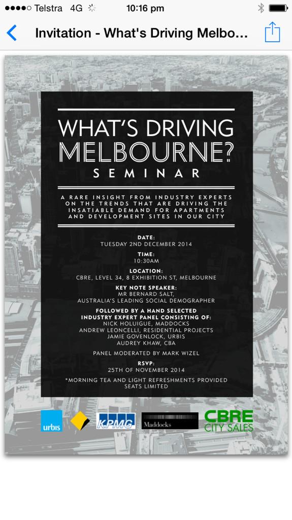 MarkWizel's tweet image. @BernardSalt presenting at @CBRE Melbourne tomorrow. 280 Guests interested to understand "what's driving Melbourne"