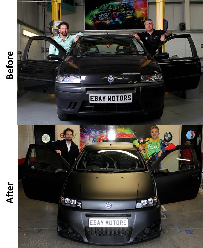 eBayMotorsBTCC's tweet photo. Before and after pics of our #ebaymotormakeover #Batmobile – looking slick! #pimpmyride http://t.co/NhzJ7gf78O