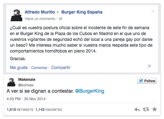 verne's tweet photo. Las redes denuncian la expulsión de una pareja gay por besarse en un Burger King http://t.co/QRjhosSNTy http://t.co/xK5lYXVEtQ