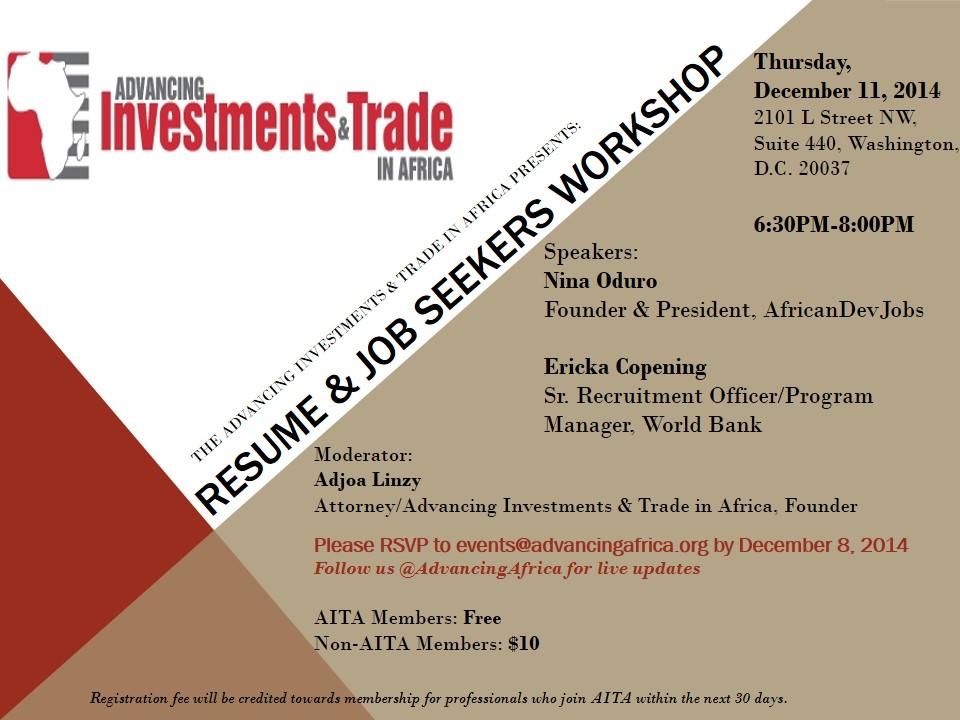 AdvancingAfrica's tweet photo. Register NOW for Resume &amp; Job Seekers Workshop on Dec. 11th in Washington, DC - http://t.co/PV2KLzNIAa #Careers #Job http://t.co/xLl9qHfNTF