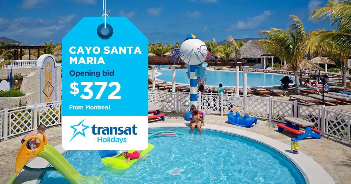 airtransat's tweet photo. Montreal-Cayo Santa Maria, $372. Can you top that? Place your bid starting at 3pm http://t.co/r0EiKvdnRP #SunAuction http://t.co/ERYNSZExij